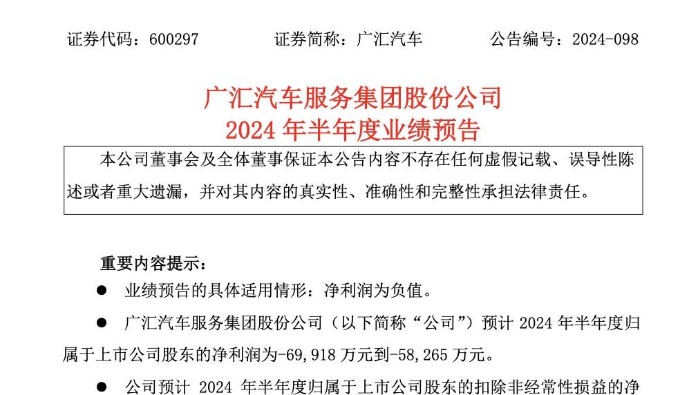 广汇汽车上半年预计净亏损超50%，同比扭亏为赚